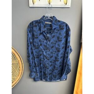 John Henry Mens Large Blue Black Paisley Leaf Print Cotton Button Down Shirt